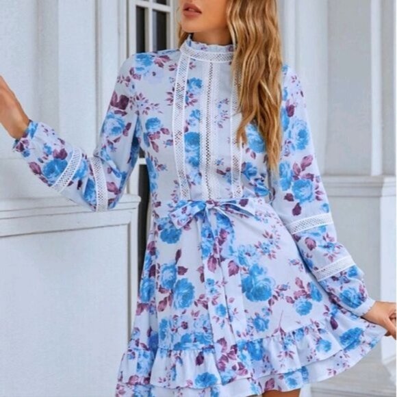 FLORAL, TIERED, RUFFLED,  CUT OUT, ZIPPER MINI DRESS - Picture 4 of 10